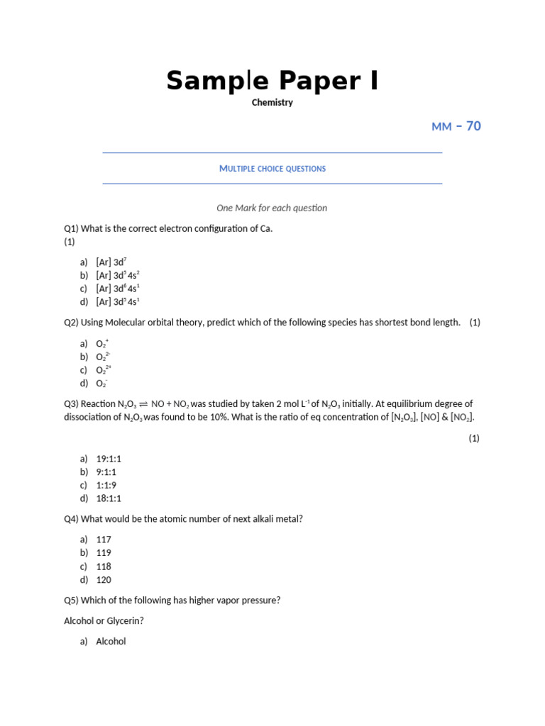 Sample Paper Chemistry Final | PDF