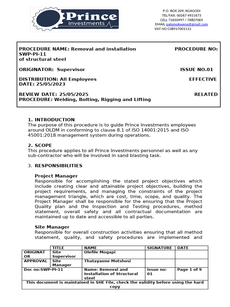 REMOVAL & INSTALLATION OF STEEL STRUCTURE SWP | PDF