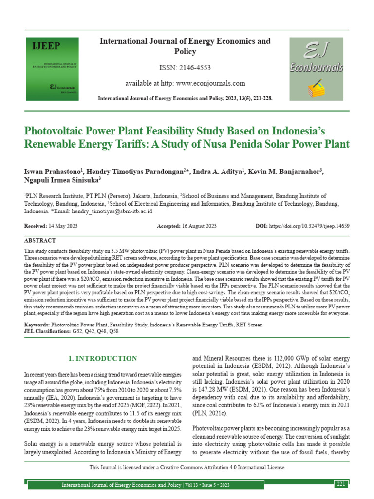 Photovoltaic Power Plant Feasibility Study Based On Indonesia's | PDF