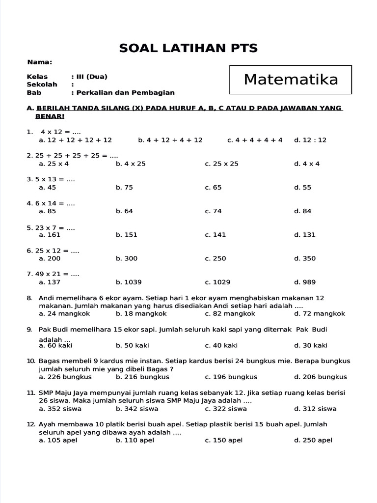 Pdf Soal Matematika Kelas 3 Sd Bab 3 Perkalian Dan Pembagian Compress Pdf