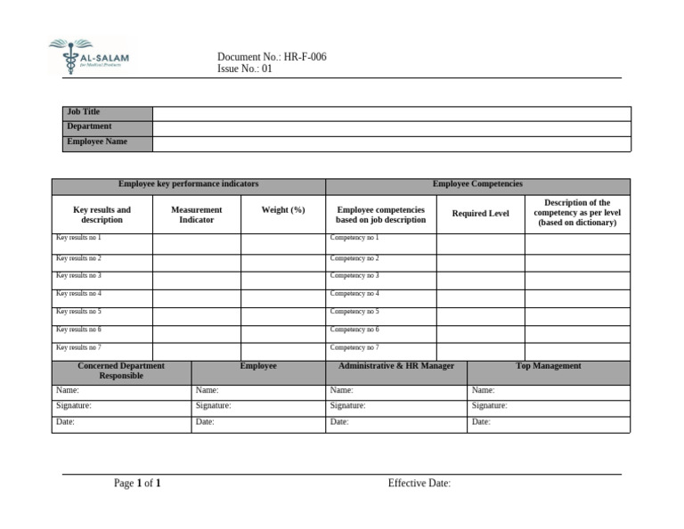 HR F 006 Employeee Key Performance Indicators and Competencies Board | PDF