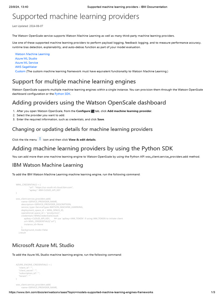 Supported machine learning providers ibm documentation pdf