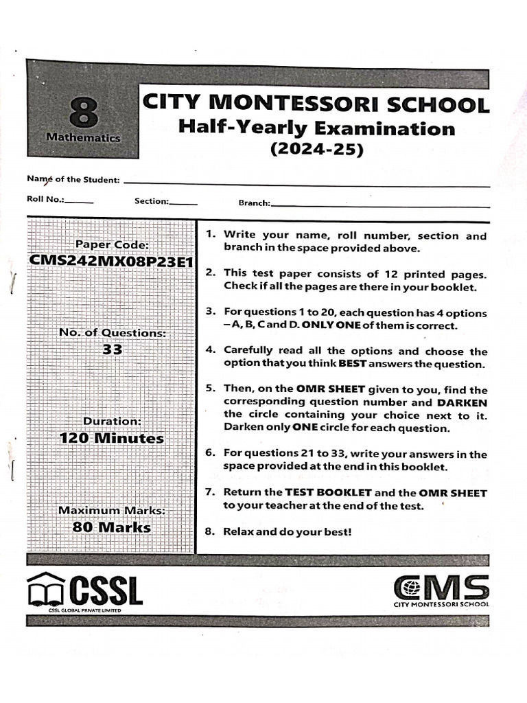 Half Yearly 2024 25 Class 8 Pdf