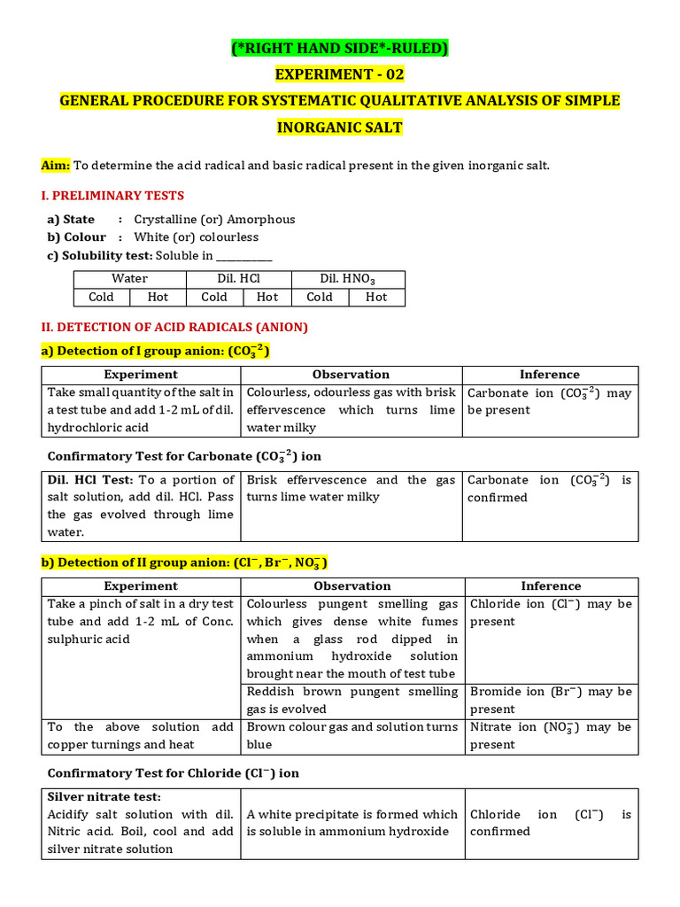 General Procedure For Salt Analysis-1 | PDF | Ammonium | Science ...