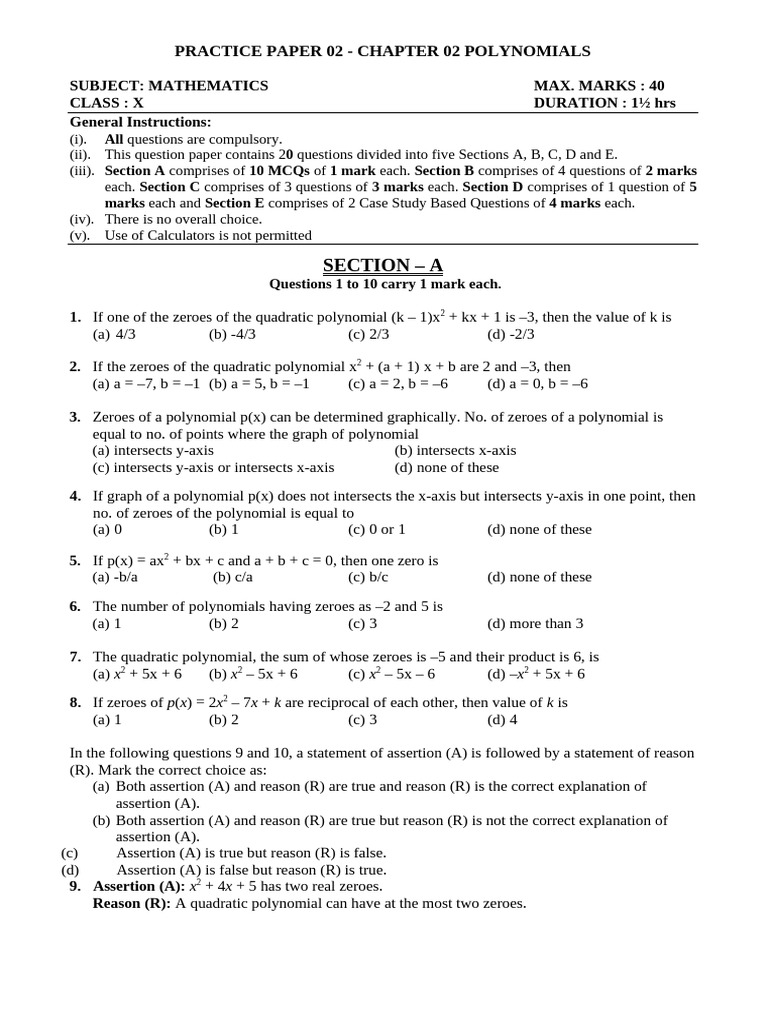 Polynomials Practice Paper 02 1 | PDF