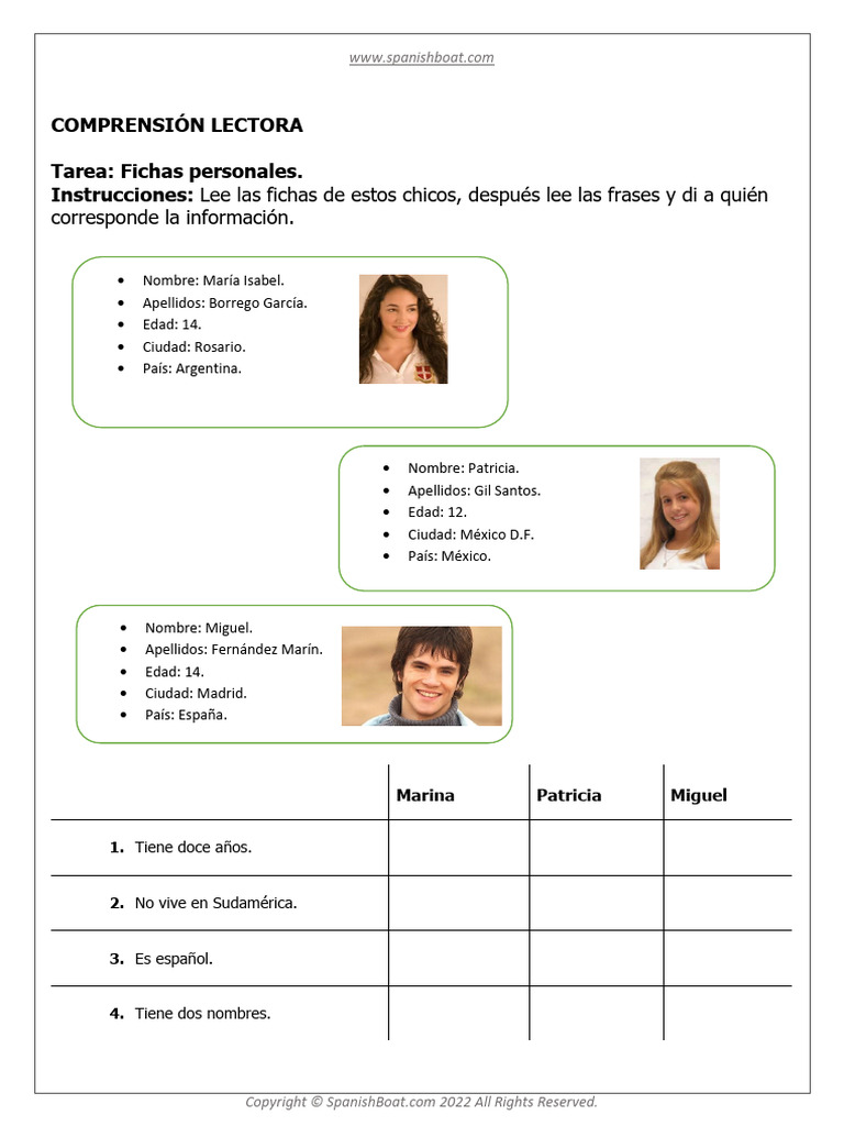 Spanish Fichas Personales Worksheet PDF
