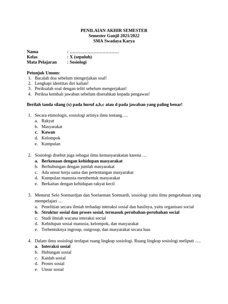 Contoh soal pas sosiologi kelas 11 semester 1 ttg multikutural