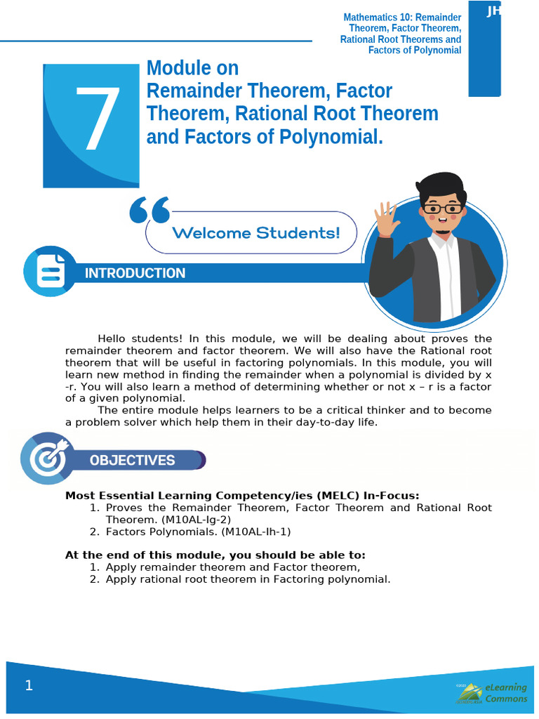 JHS005D Mathematics10 Module For Week No. 7 | PDF | Factorization ...