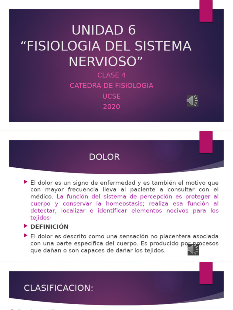 UNIDAD 6 SISTEMA NERVIOSO Clase 4 | PDF | Dolor | Ciencia y matemáticas