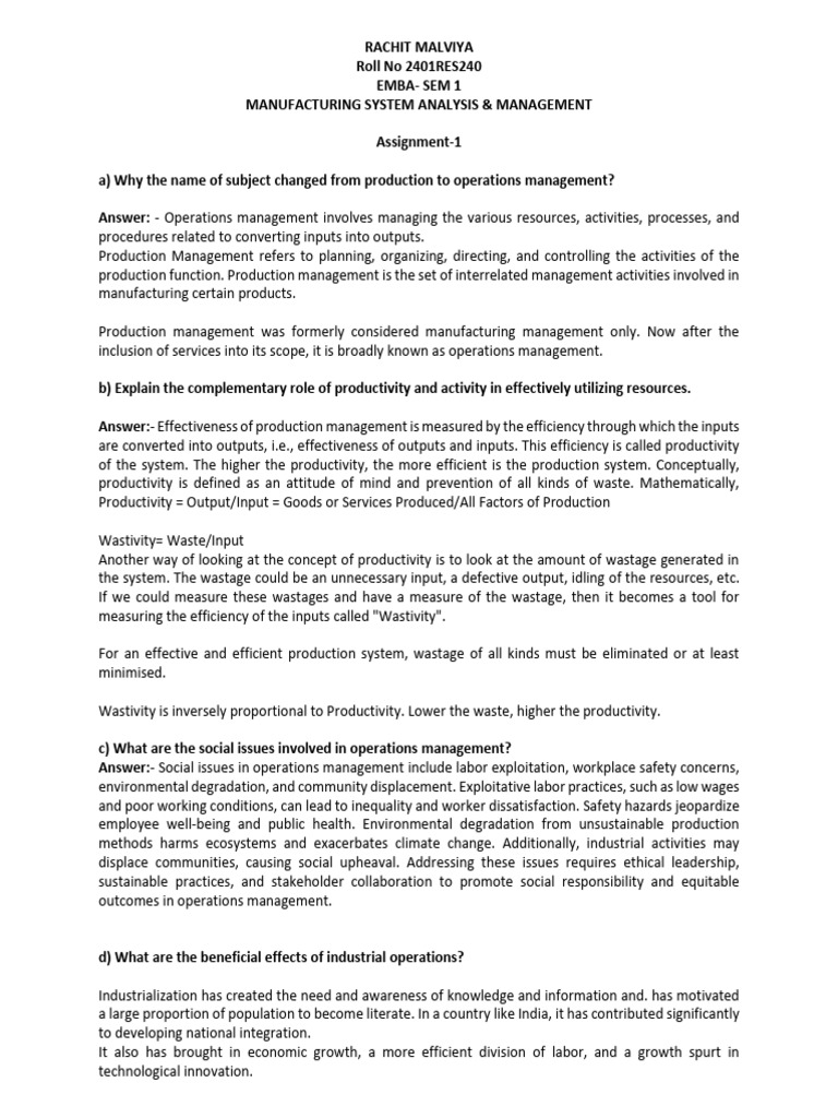 Manufacturing Sys And Management Assignment Pdf Regulatory