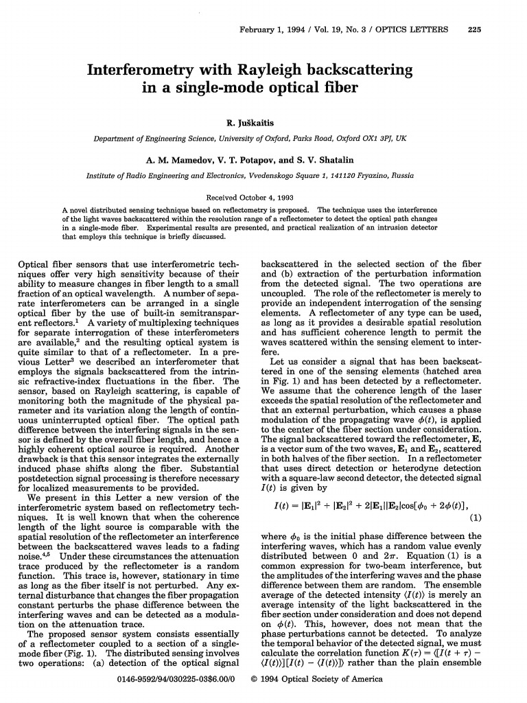 Interferometry With Rayleigh Backscattering in A Single-Mode Optical ...