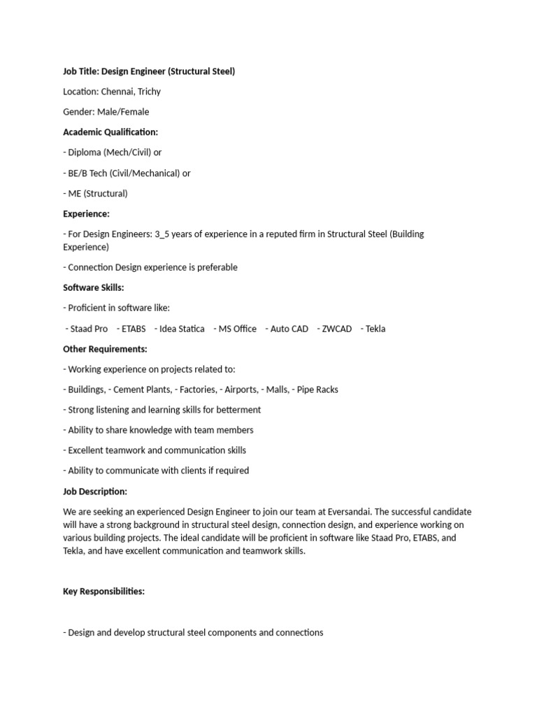JD - JD Design Engineer (Structural Steel) Eversendai 1725863453496 | PDF