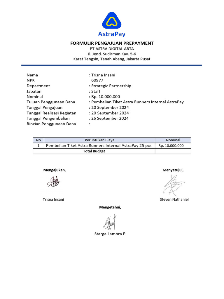FORMULIR PREPAYMENT AstraPay TIN | PDF