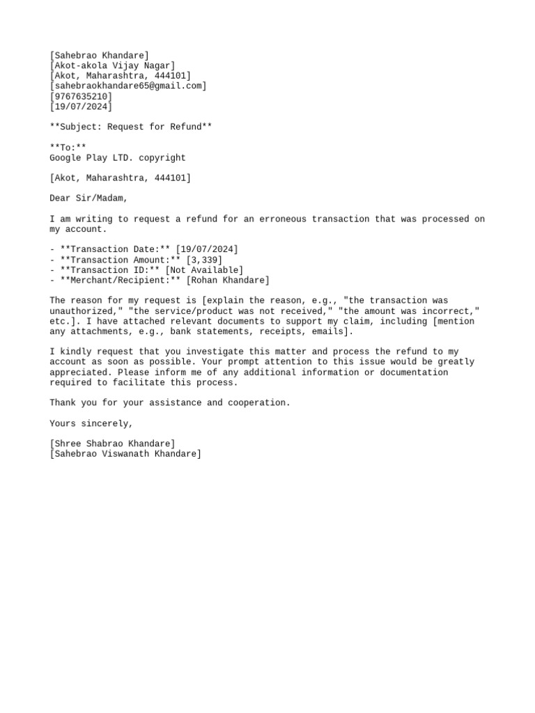 Refund Request for Erroneous Transaction | PDF