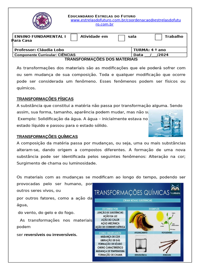 Atividades sobre Transformações da Matéria 4º Ano | PDF | Matéria ...