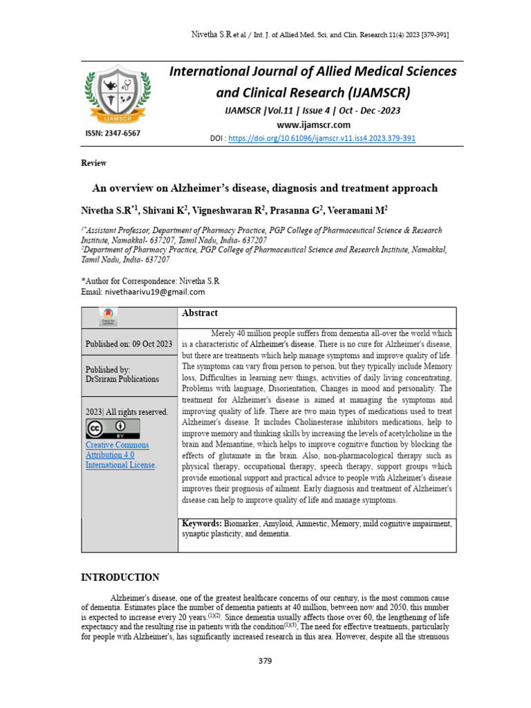 An Overview On Alzheimers Disease Diagnosis and T | PDF