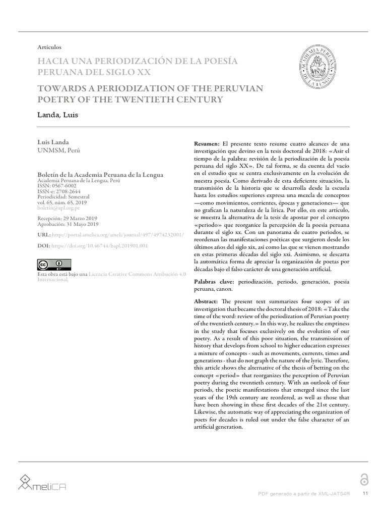 Towards A Periodization of The Peruvian Poetry of The Twentieth Century ...