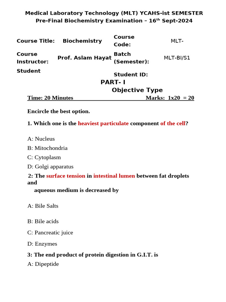 Test .Pre F Biochem 13th Sept 2024 | PDF