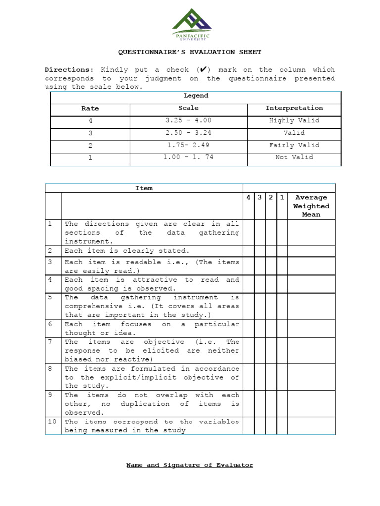 Questionnaire Evaluation Checklist | PDF