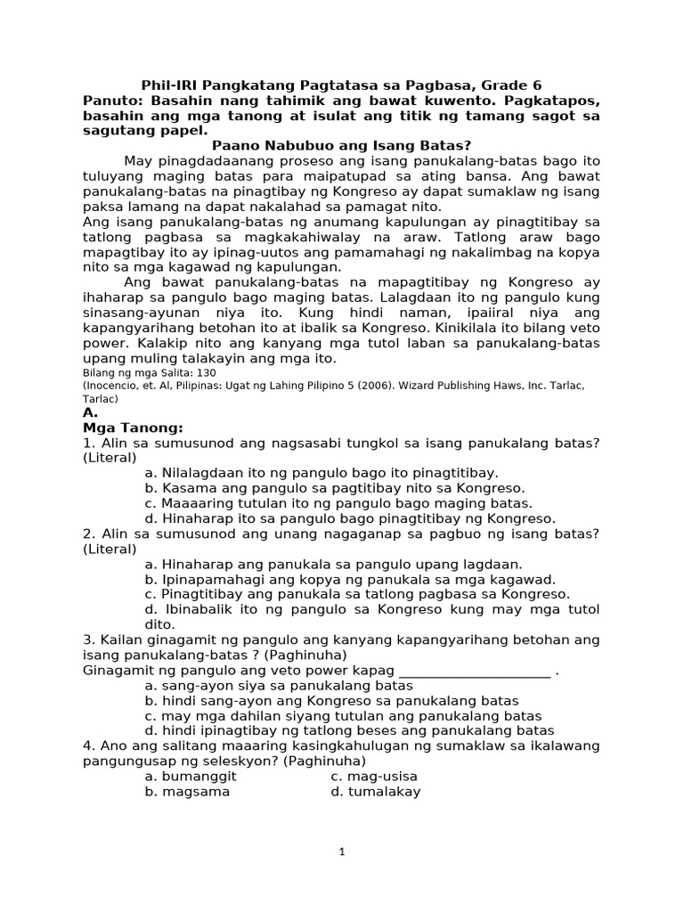 Phil Iri - GST Filipino Grade 6 | PDF