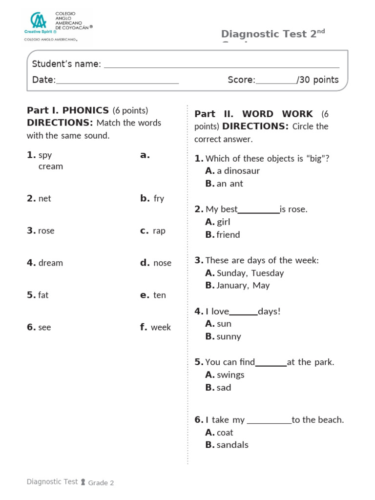 2nd Grade Diagnostic Test Overview | PDF