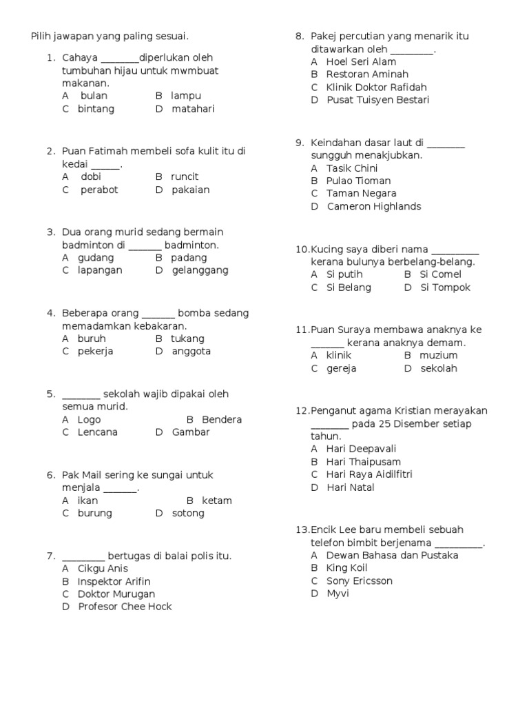 Pilih Jawapan Yang Paling Sesuai Pdf