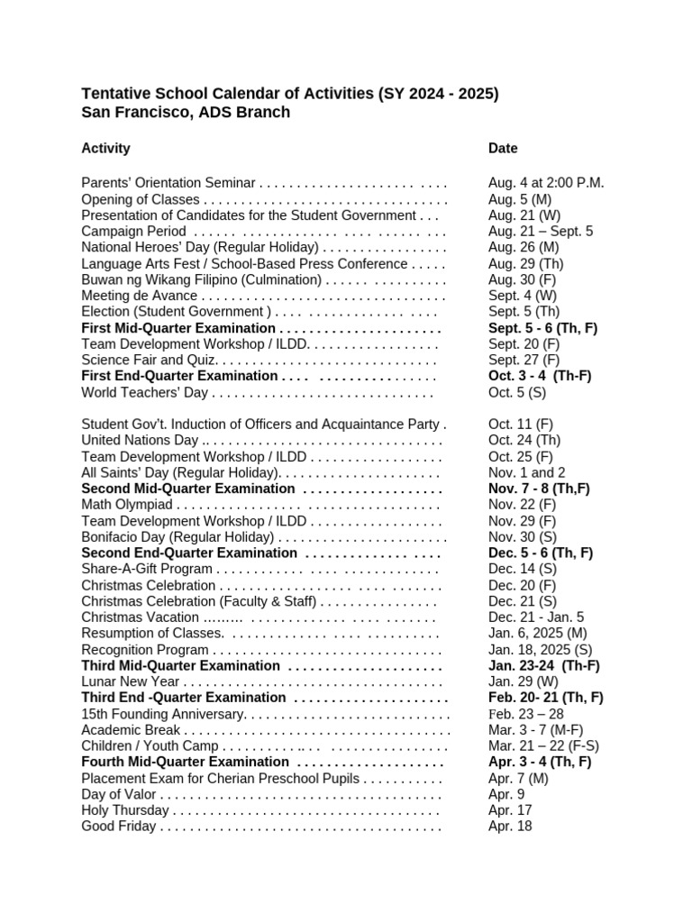 Tentative school calendar of activities pdf