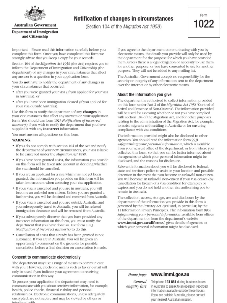 Notification of Changes in Circumstances (Section 104 of The Migration Act 1958) PDF Business