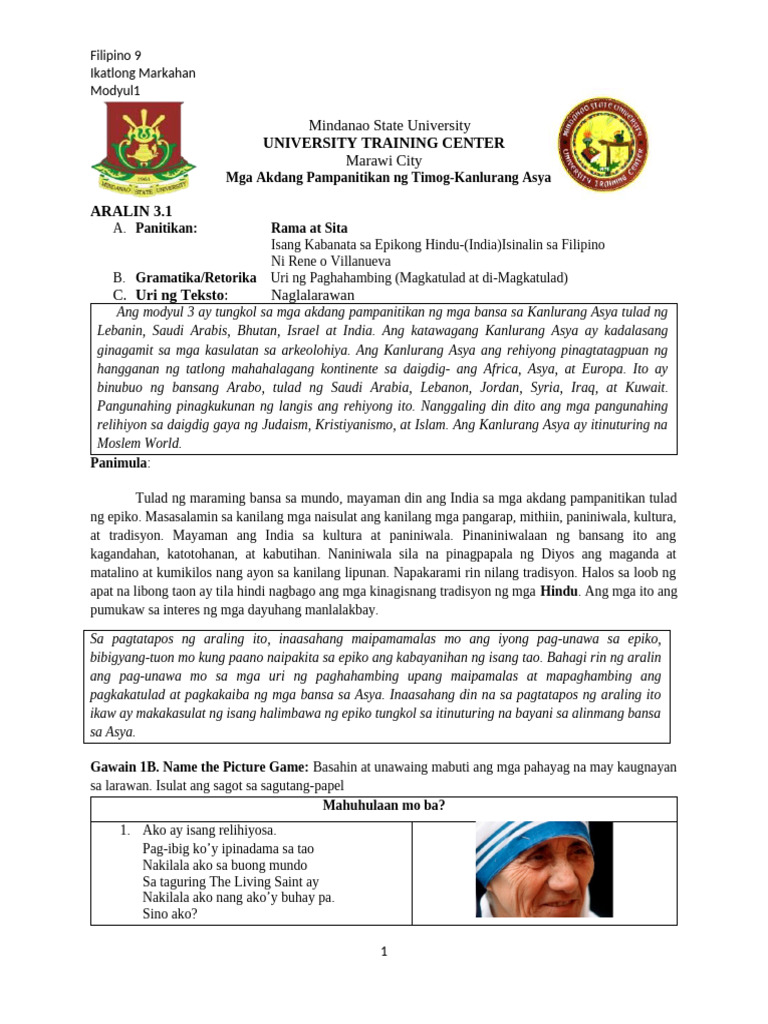 Grade 9 3rd Gradng 3.1 | PDF | Sita | Rama