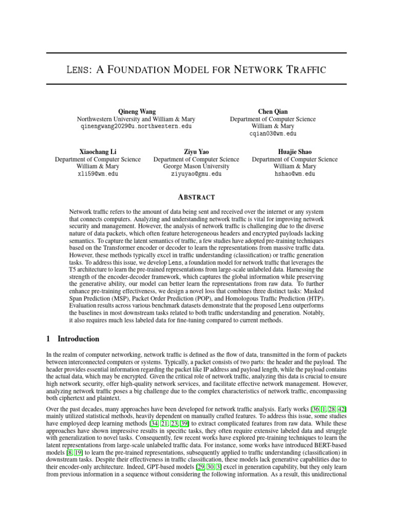 Lens: A FOUNDATION MODEL FOR NETWORK TRAFFIC | PDF