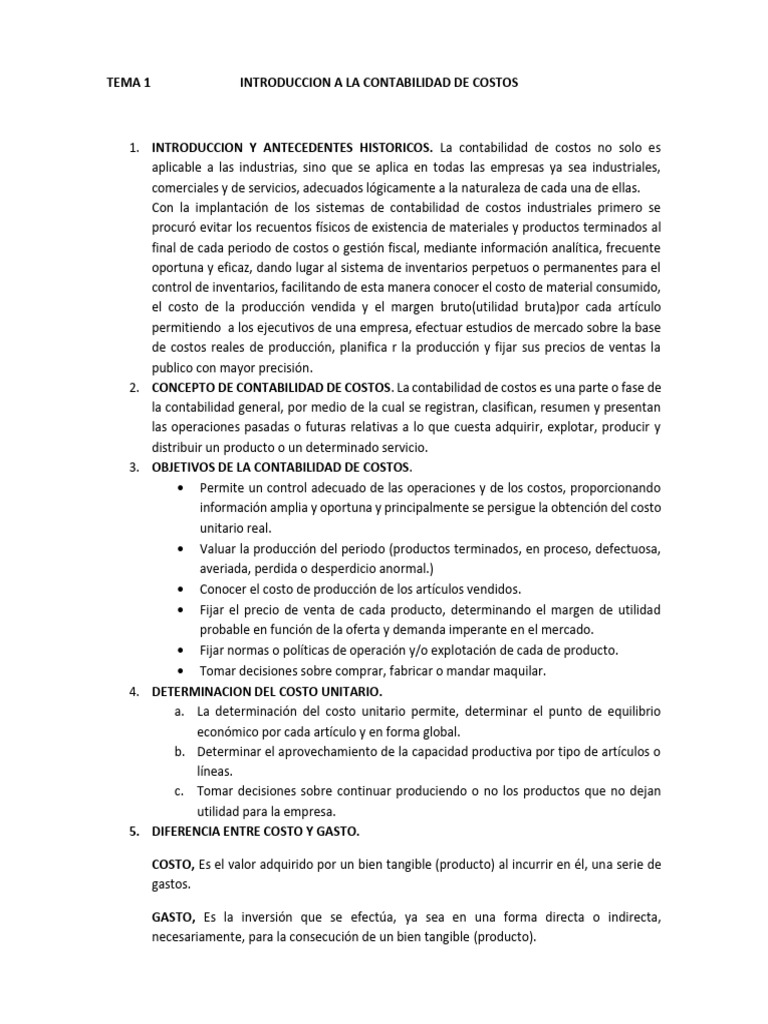 Tema1 Introduccion A La Contabilidad de Costos | PDF | Costo ...