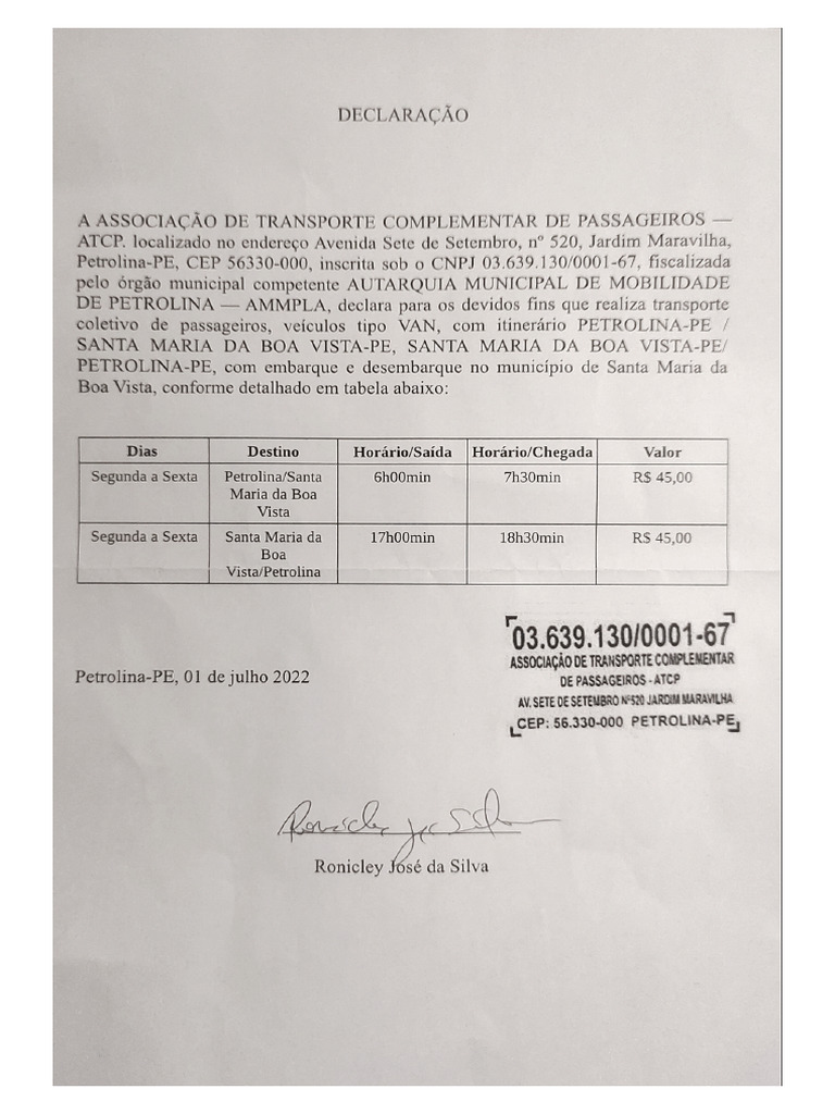 Declaração Da Van | PDF