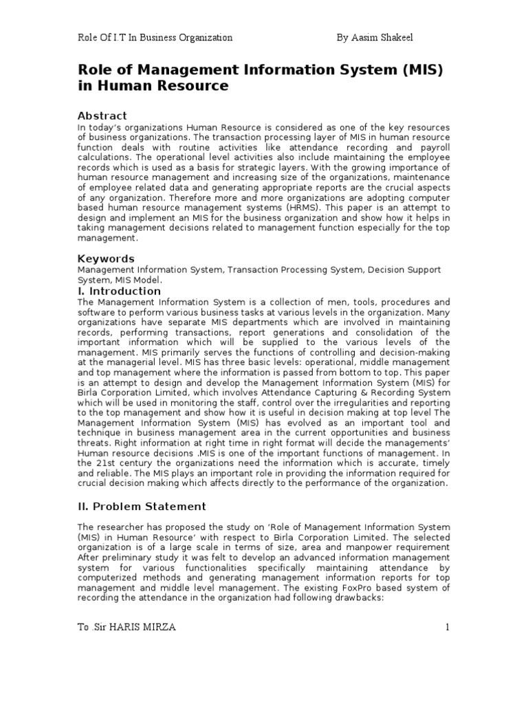 MIS in Human Resource Management | PDF | Management Information System ...