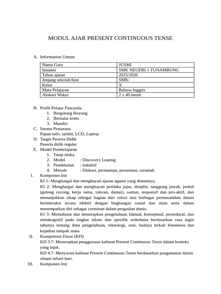 Modul Ajar Present Continuous Tense Pdf