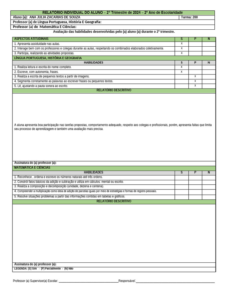 (200 - 2º TRIMESTRE) RELATÓRIO INDIVIDUAL DO ALUNO 2°ano - 2°tri 2024 | PDF