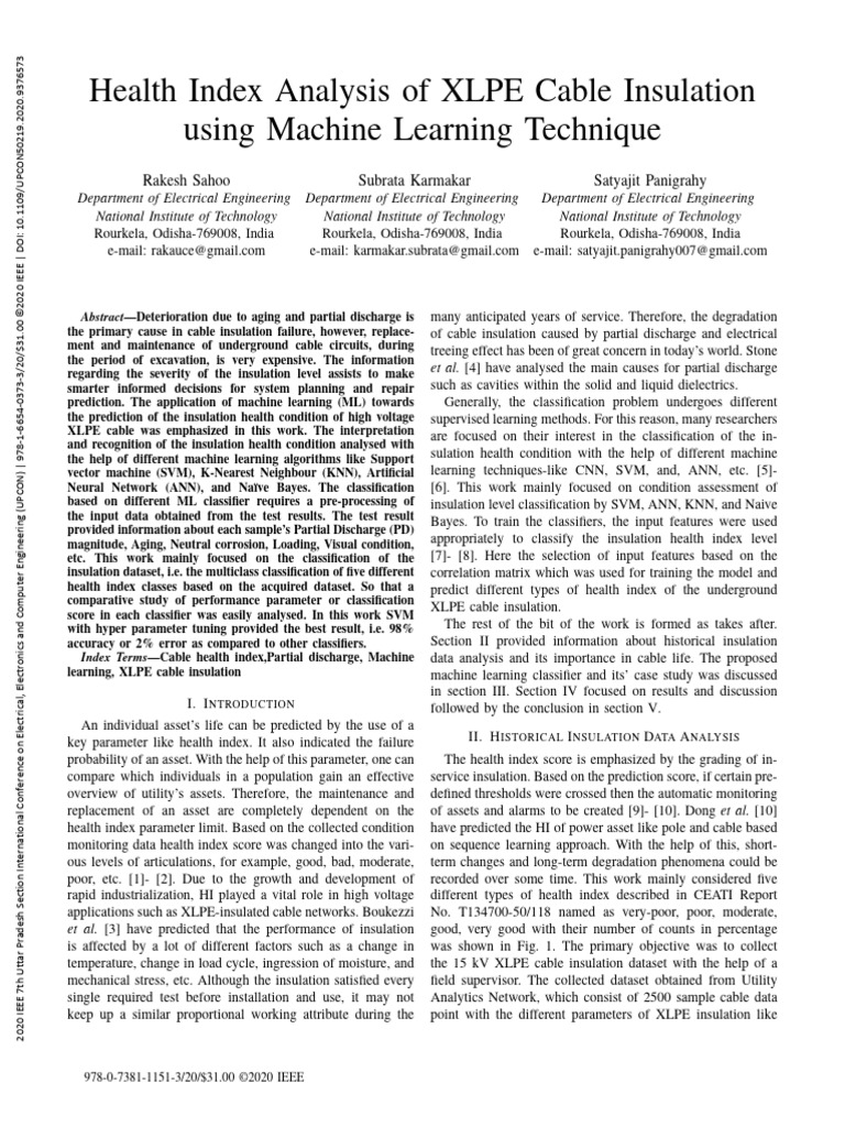 Health Index Analysis of XLPE Cable Insulation Using Machine Learning ...