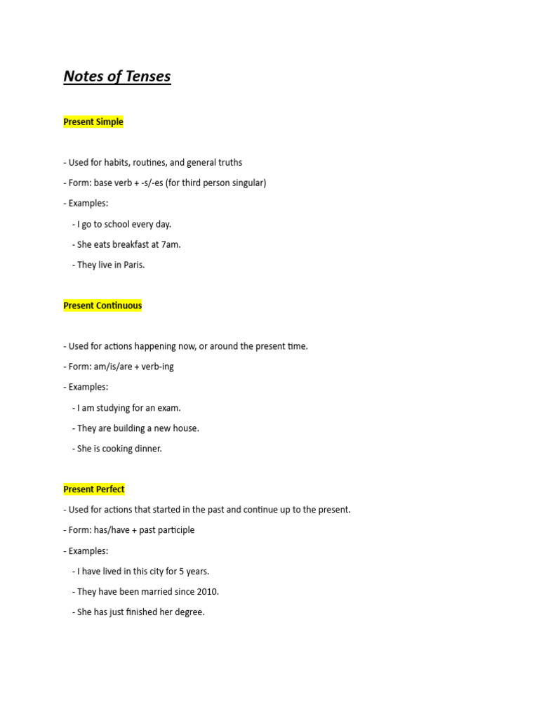Notes of Tenses | PDF | Grammatical Tense | Language Arts & Discipline