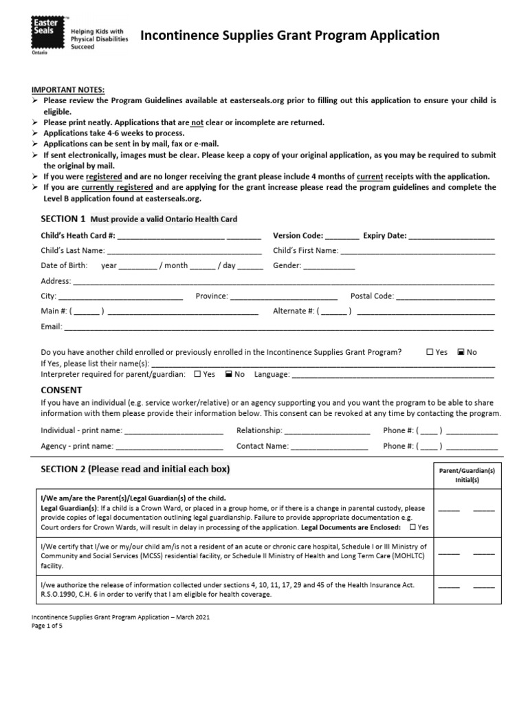Easter Seals Incontinence Supplies Grant Application 2021 | PDF