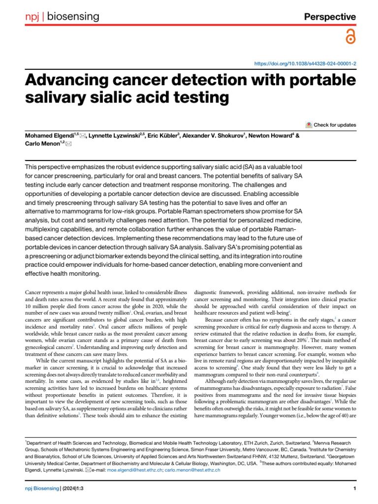 Journal Advancing Cancer Detection With Portable Salivary Sialic Acid ...