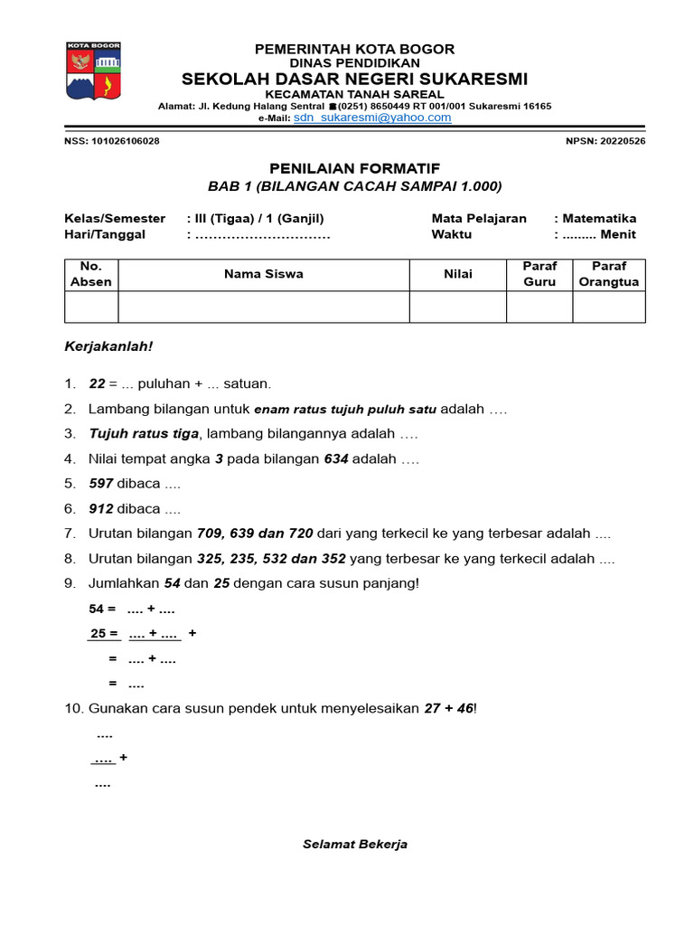 Soal Matematika Kelas 3 SD Bab 1 Semester 1 | PDF