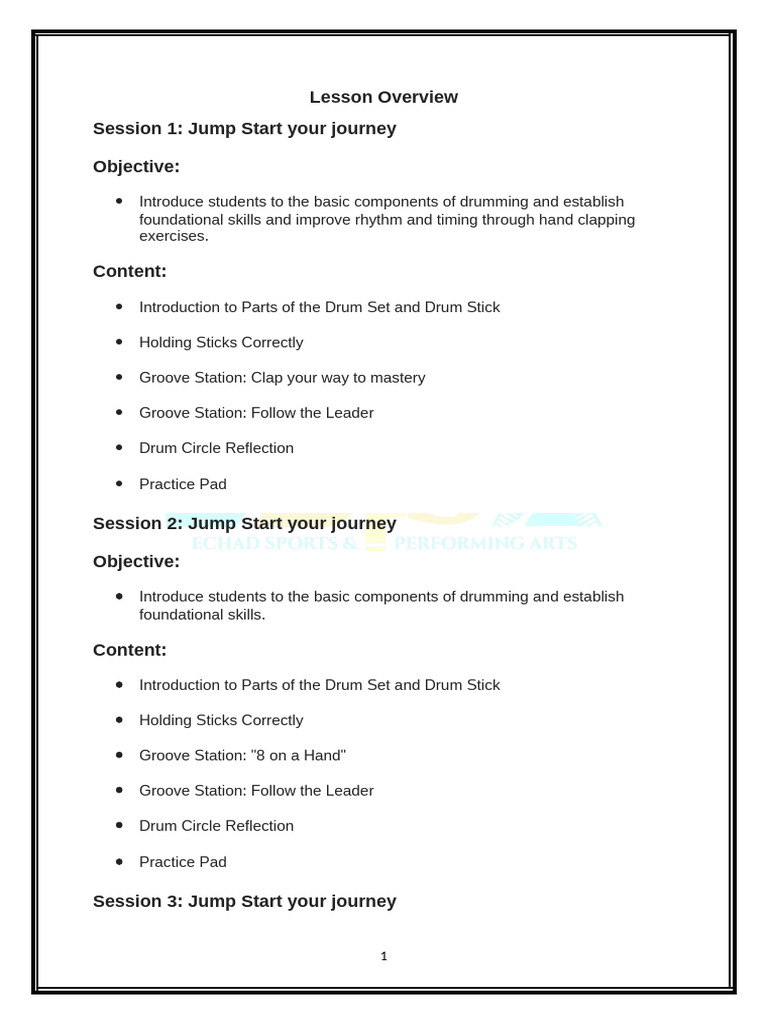 Grade 6 to 10 Drums Lesson Plan Overview-8 Weeks | PDF