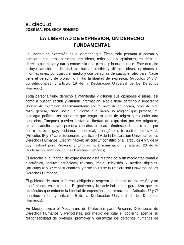 La Libertad de Expresión, Un Derecho Fundamental | PDF