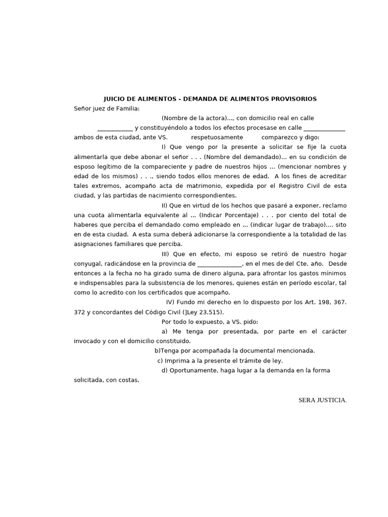 Juicio de Alimentos - Demanda de Alimentos Provisorios | PDF