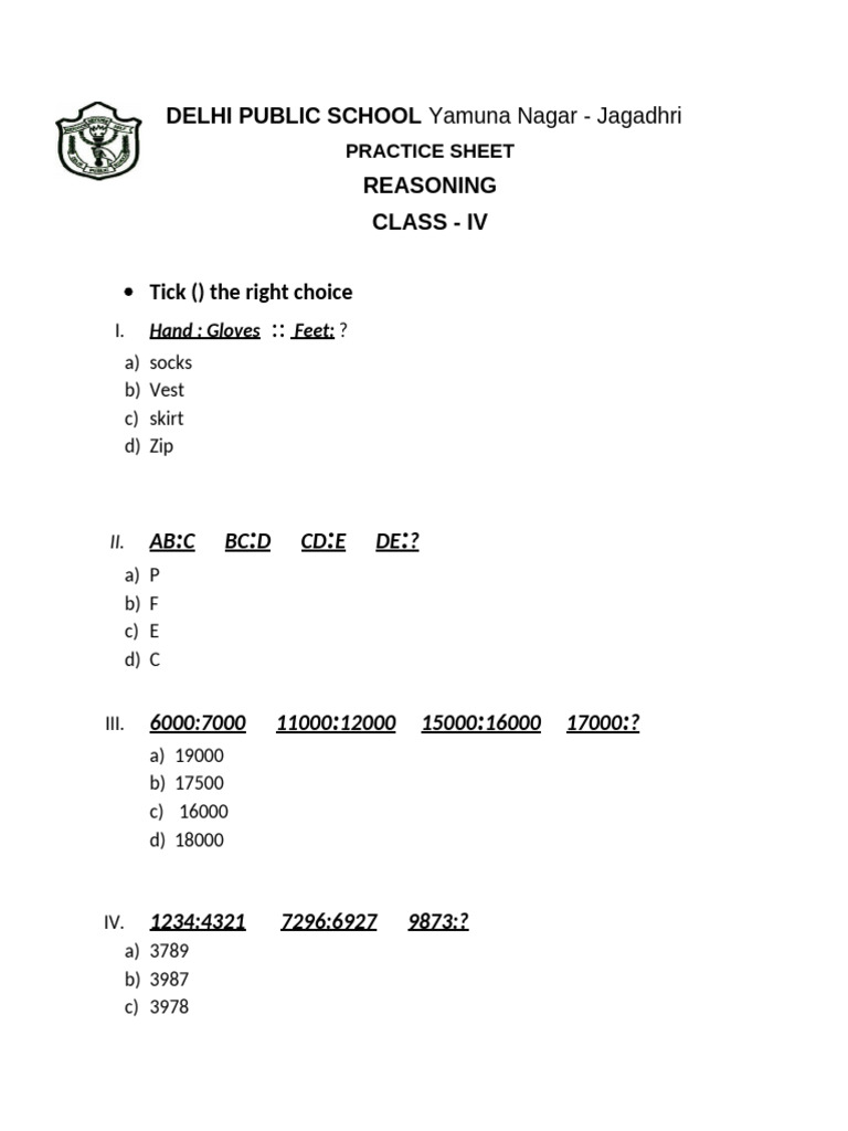 Class 4 Reasoning Practice Sheet | PDF