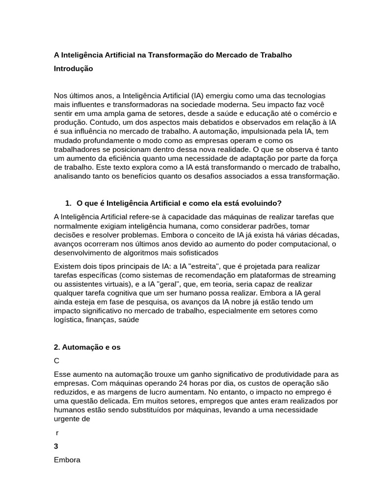 A Inteligência Artificial Na Transformação Do Mercado De Trabalho Pdf