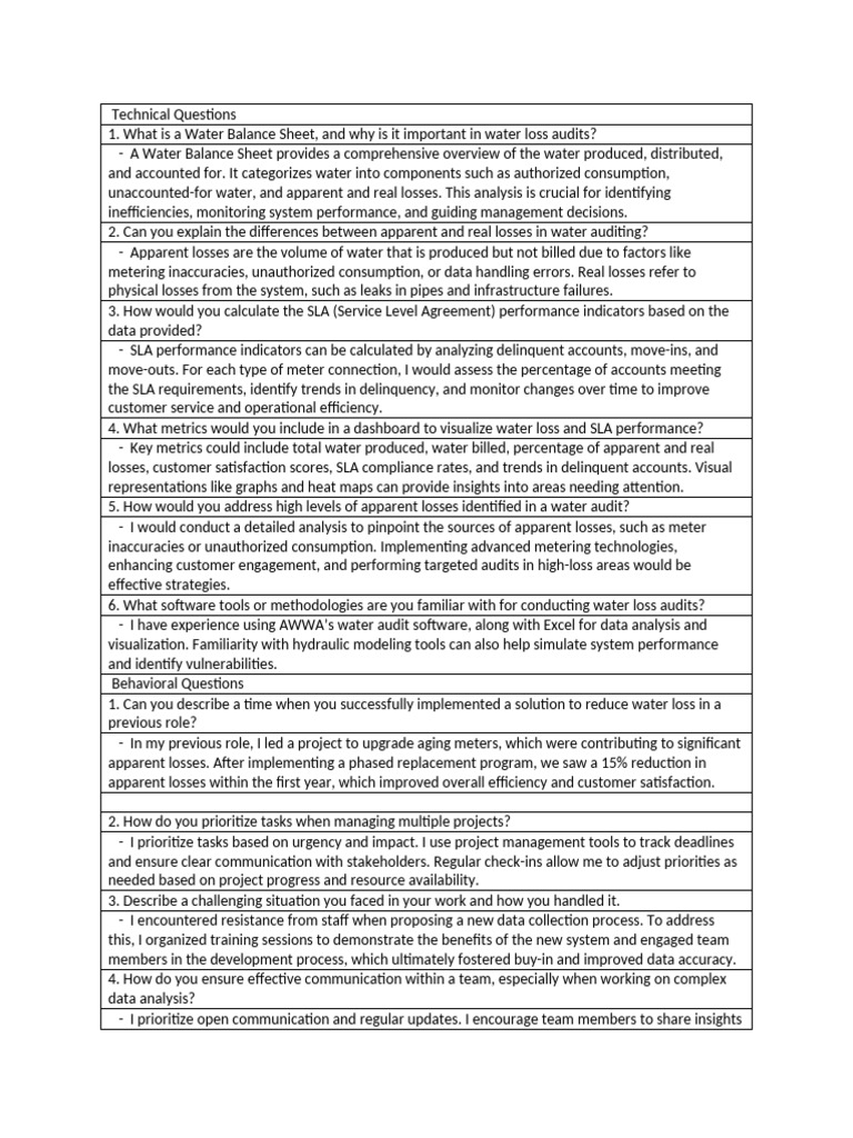 Technical Questions For Water Loss Audit Engineer Interview | PDF ...