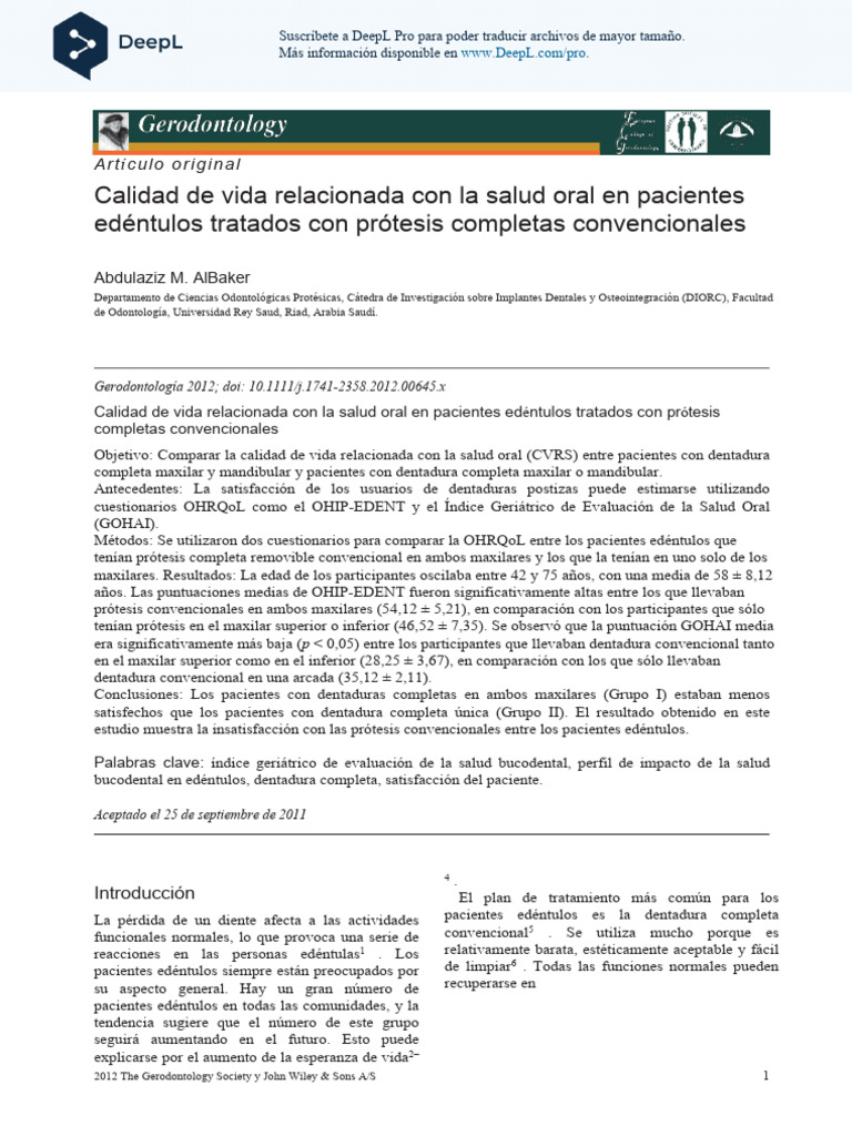 Calidad De Vida Relacionada Con La Salud Oral En Pacientes Edentulos Pdf