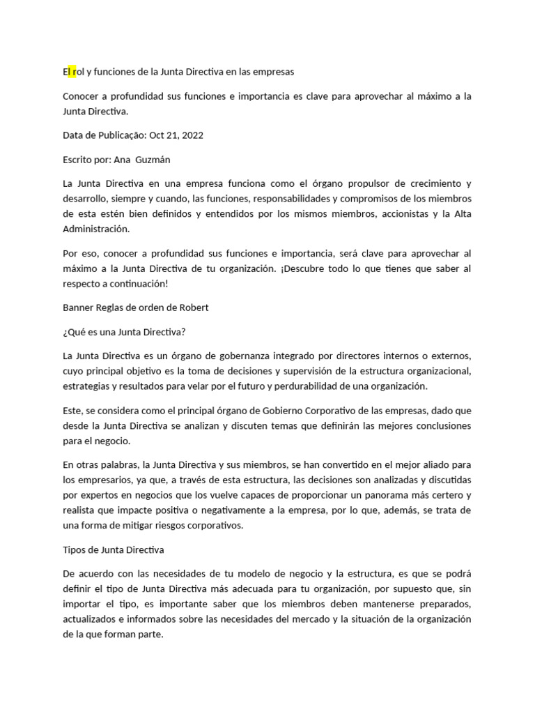 El Rol y Funciones de La Junta Directiva de Una Empresa | PDF | Junta ...