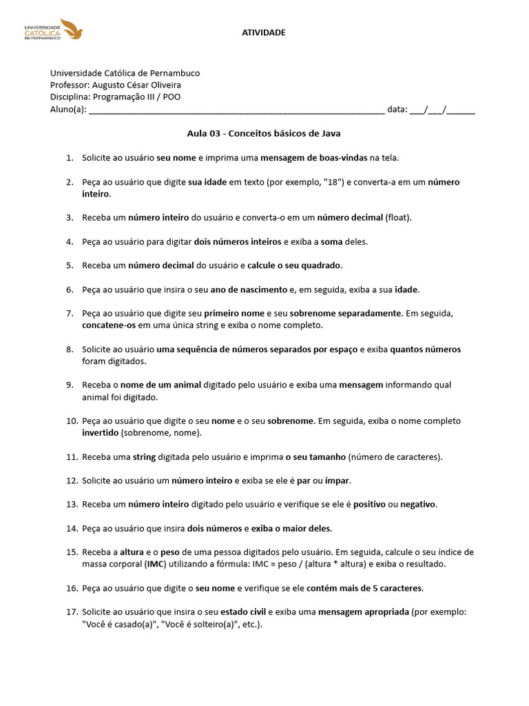 Atividade 03 - Conceitos Básicos de Java - Programação III | PDF