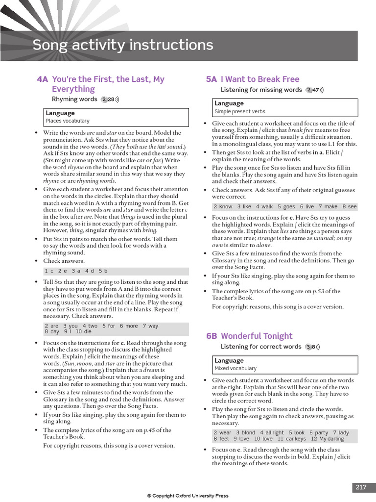 AEF 0 Starter - Songs Activities | PDF